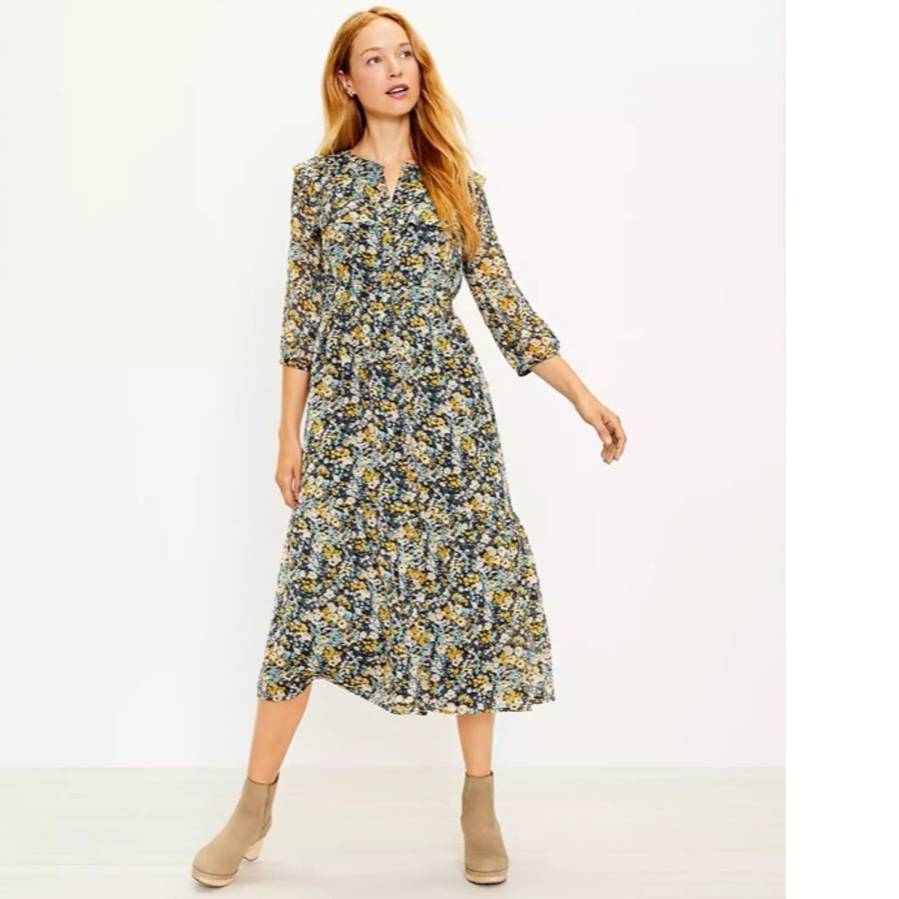 LOFT Petite Floral Ruffle Midi Shirtdress SZ petite large